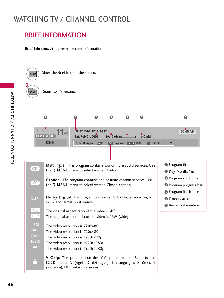 Brief information, Watching tv / channel control, Wa tching tv / channel contr ol | LG 32LD350C User Manual | Page 46 / 126