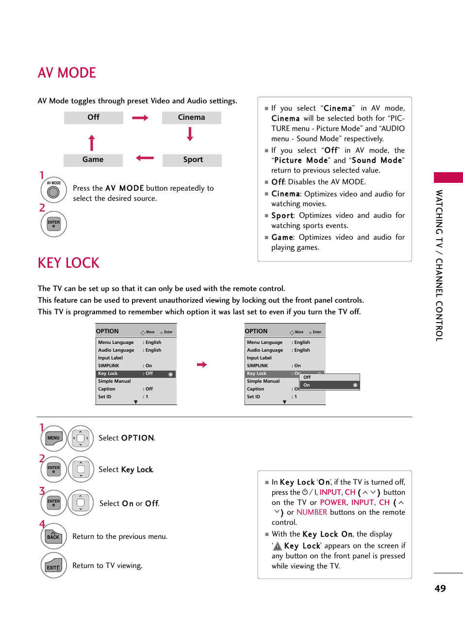 Av mode, Key lock, Wa tching tv / channel contr ol | LG 32LD350C User Manual | Page 49 / 126