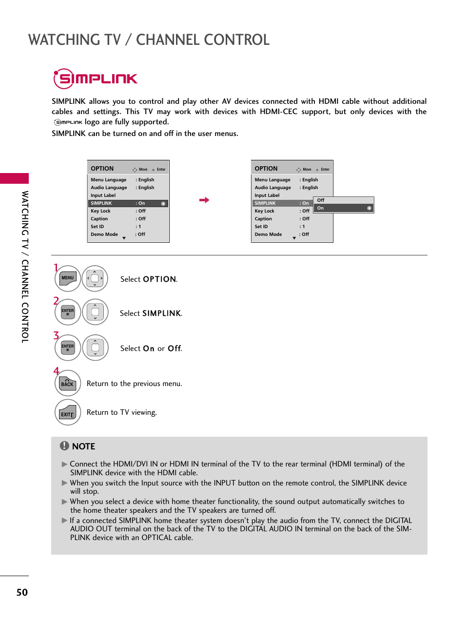 Simplink, Watching tv / channel control, Wa tching tv / channel contr ol | LG 32LD350C User Manual | Page 50 / 126