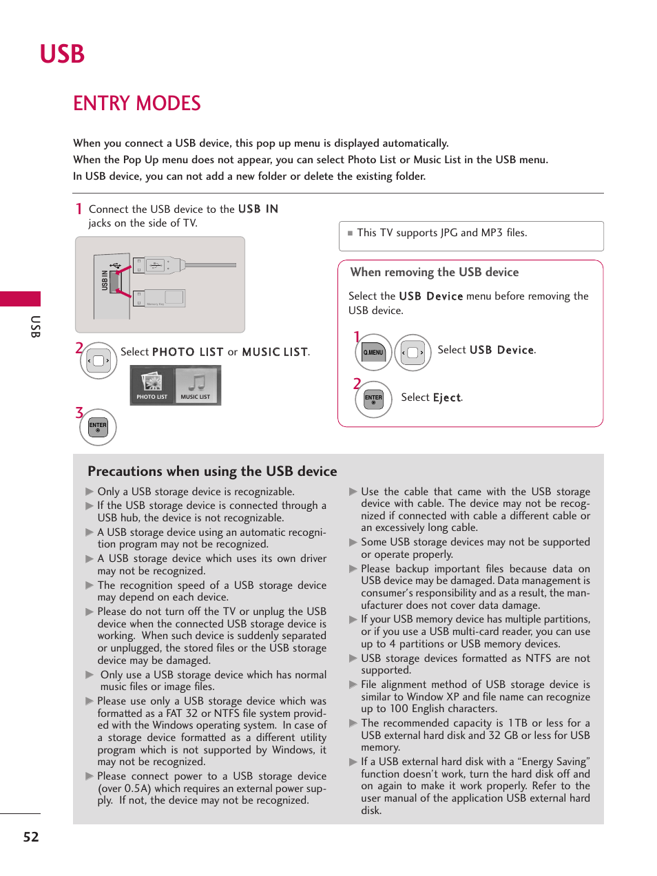 Entry modes, Precautions when using the usb device, When removing the usb device | LG 32LD350C User Manual | Page 52 / 126