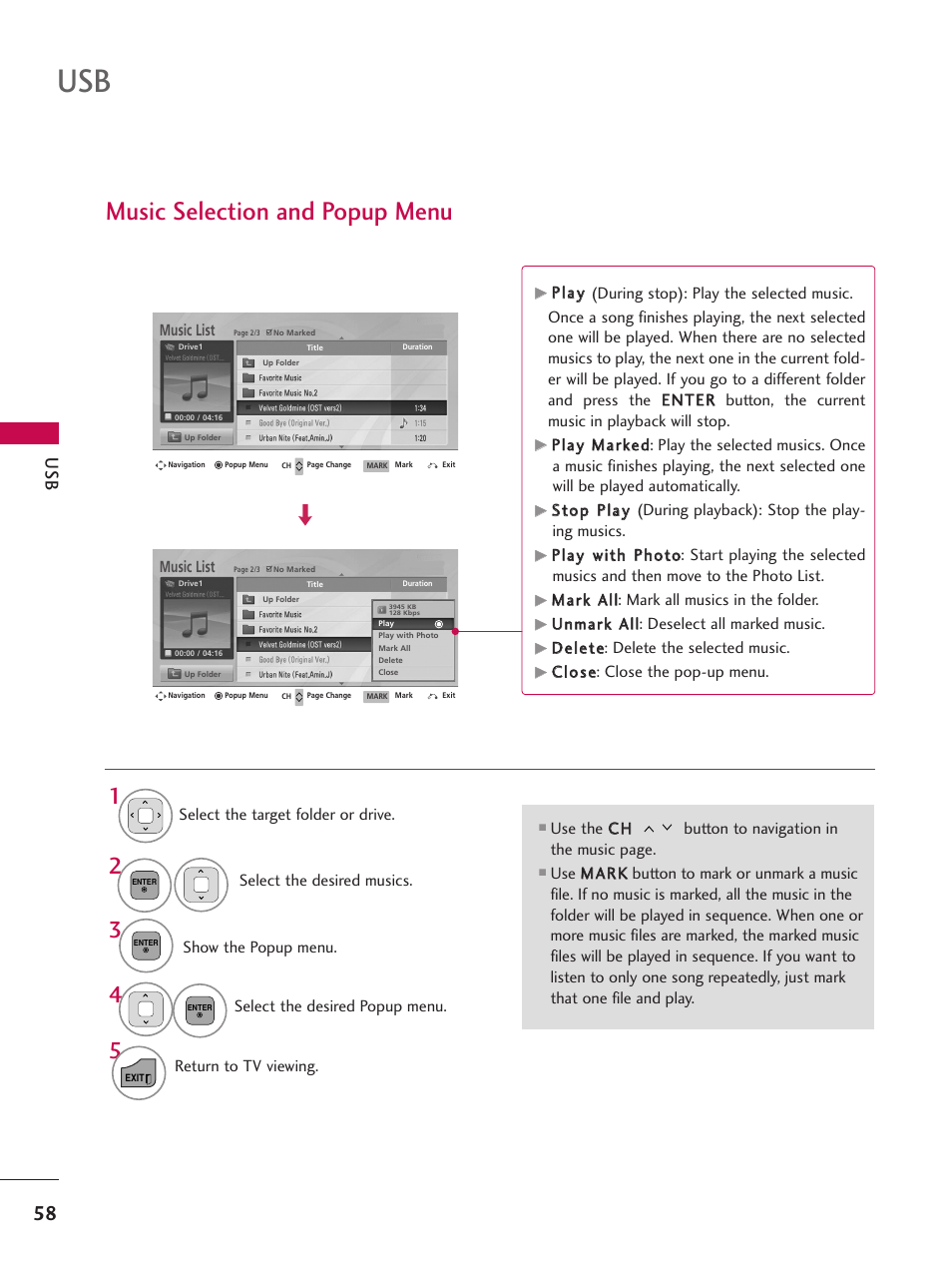 Music selection and popup menu | LG 32LD350C User Manual | Page 58 / 126