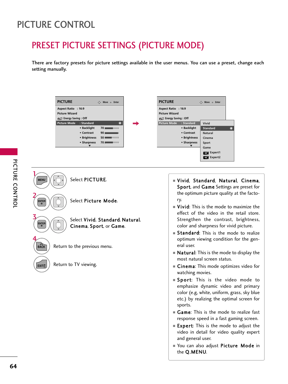 Preset picture settings (picture mode), Picture control, Picture contr ol | LG 32LD350C User Manual | Page 64 / 126