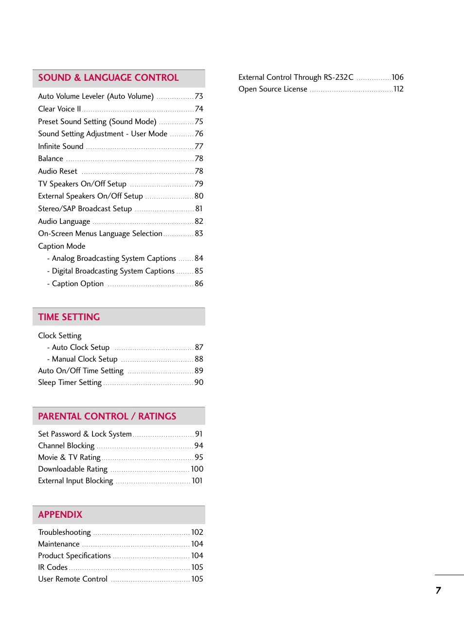 7sound & language control, Time setting, Parental control / ratings | Appendix | LG 32LD350C User Manual | Page 7 / 126