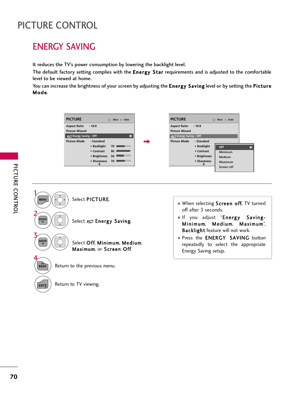 Energy saving, Picture control, Picture contr ol | LG 32LD350C User Manual | Page 70 / 126