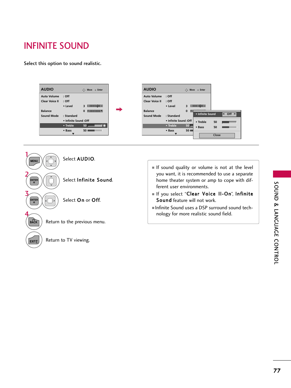 Infinite sound, Sound & langu a ge contr ol, Return to the previous menu | LG 32LD350C User Manual | Page 77 / 126