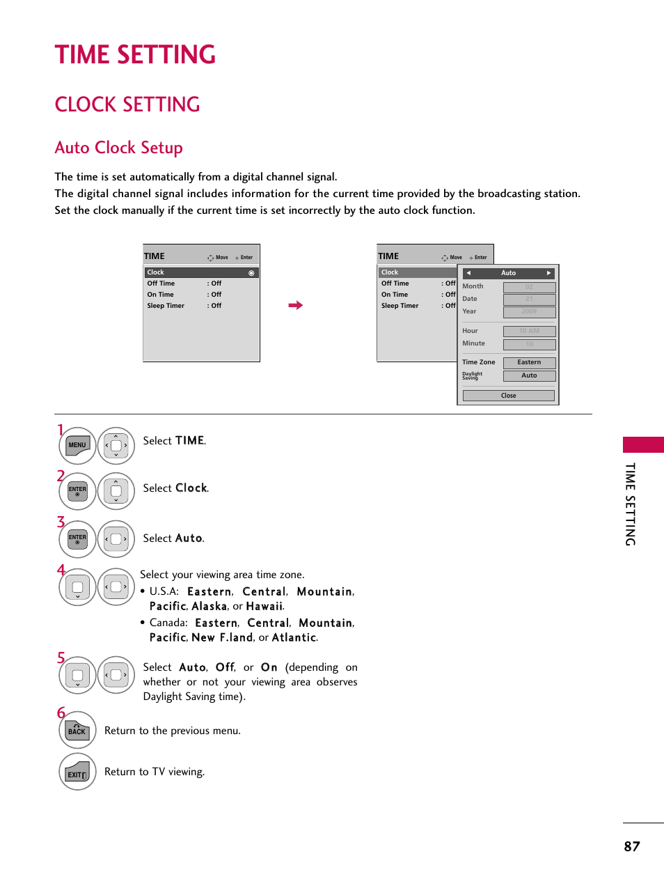 Time setting, Clock setting, Auto clock setup | LG 32LD350C User Manual | Page 87 / 126
