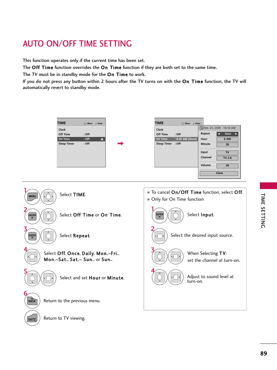 Auto on/off time setting, Time setting | LG 32LD350C User Manual | Page 89 / 126