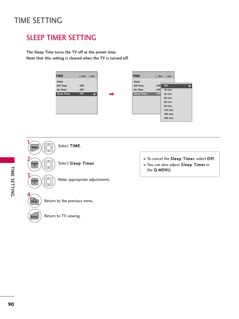 Sleep timer setting, Time setting | LG 32LD350C User Manual | Page 90 / 126