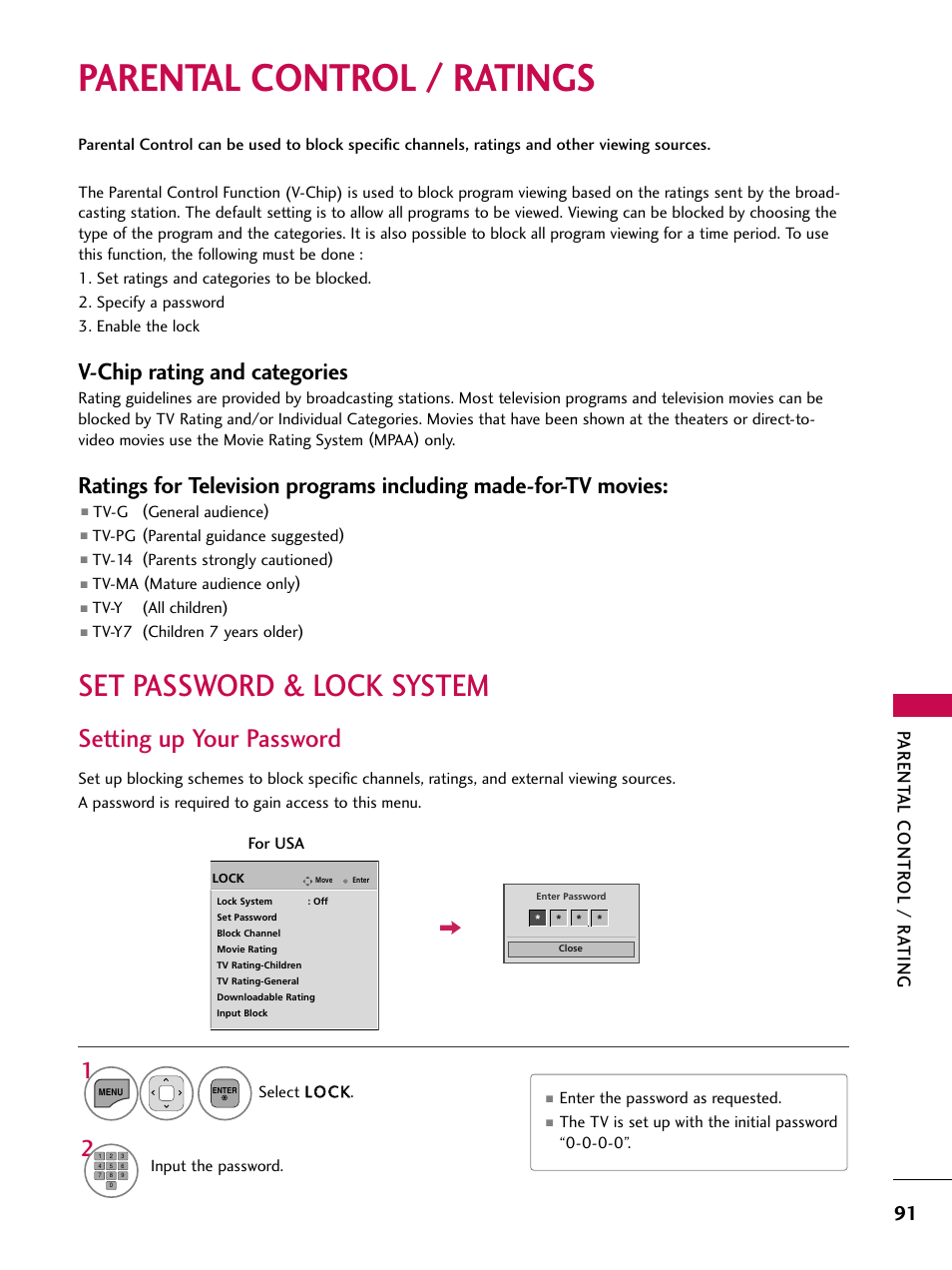 Parental control / ratings, Set password & lock system, Setting up your password | V-chip rating and categories, Parent al contr ol / r a ting | LG 32LD350C User Manual | Page 91 / 126