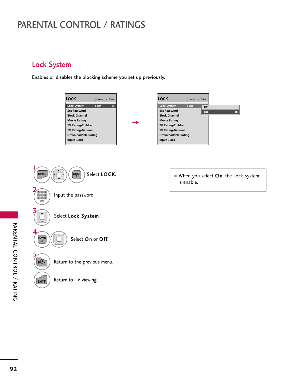 Parental control / ratings, Lock system, Parent al contr ol / r a ting | LG 32LD350C User Manual | Page 92 / 126