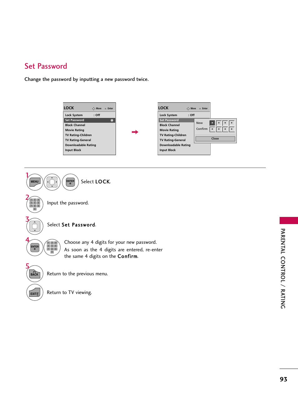 Set password, Parent al contr ol / r a ting, Input the password | Return to the previous menu, Return to tv viewing | LG 32LD350C User Manual | Page 93 / 126