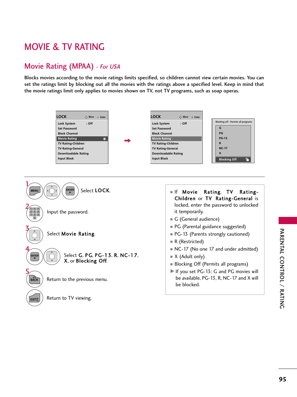 Movie & tv rating, Movie rating (mpaa), For usa | Parent al contr ol / r a ting | LG 32LD350C User Manual | Page 95 / 126