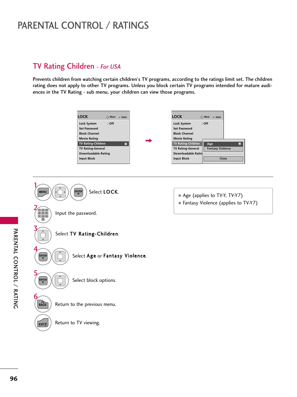 Parental control / ratings, Tv rating children, For usa | Parent al contr ol / r a ting | LG 32LD350C User Manual | Page 96 / 126