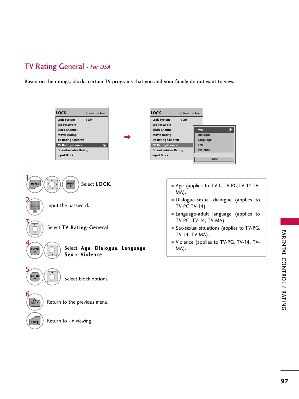Tv rating general, For usa, Parent al contr ol / r a ting | LG 32LD350C User Manual | Page 97 / 126
