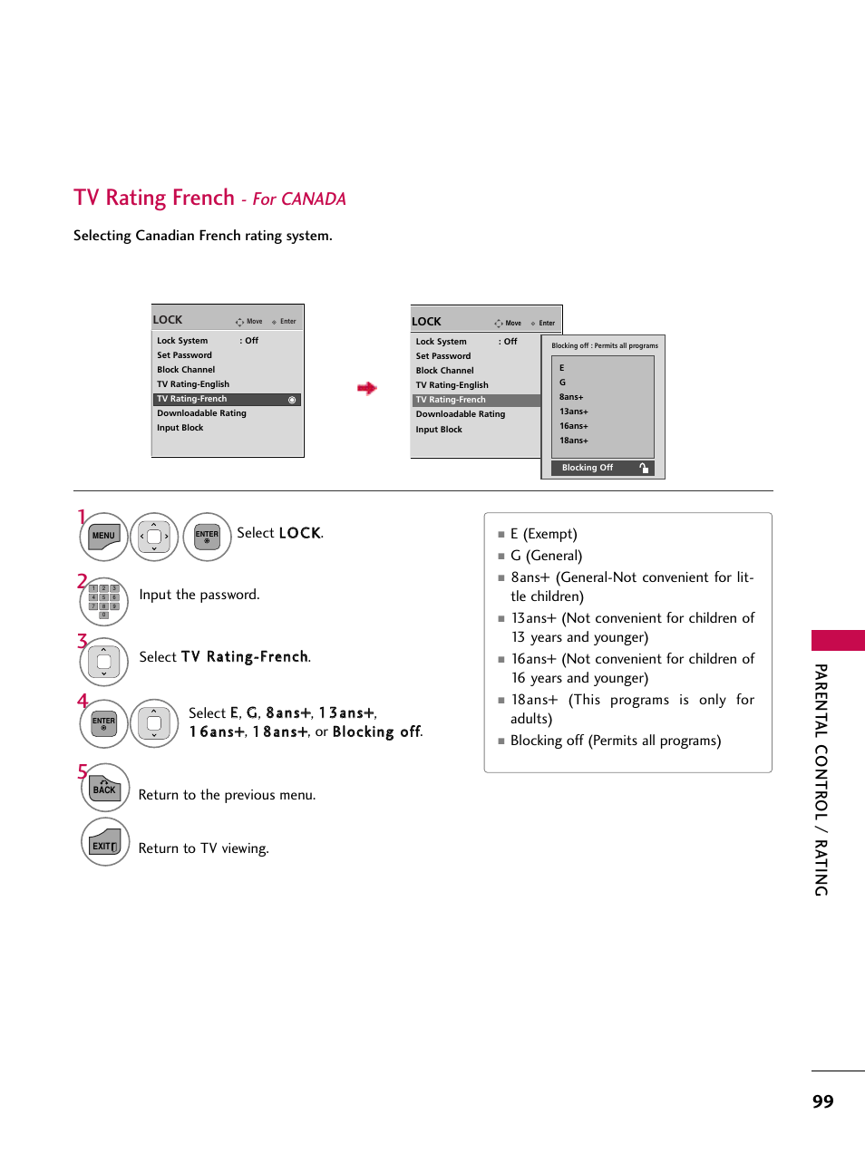 Tv rating french, For canada, Parent al contr ol / r a ting | LG 32LD350C User Manual | Page 99 / 126