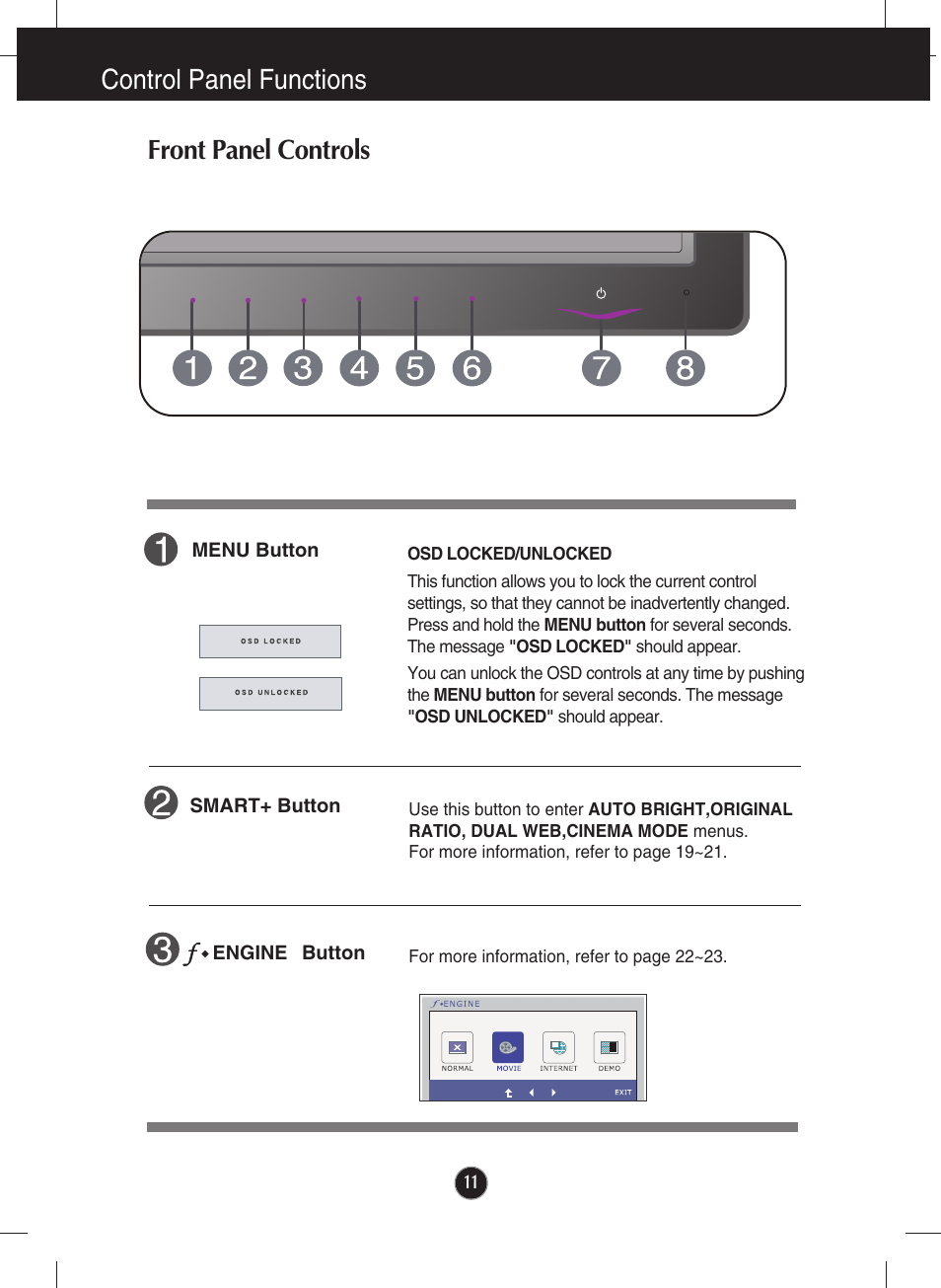 Control panel functions, Front panel controls, Control panel functions front panel controls | LG E2050T-SN User Manual | Page 12 / 34