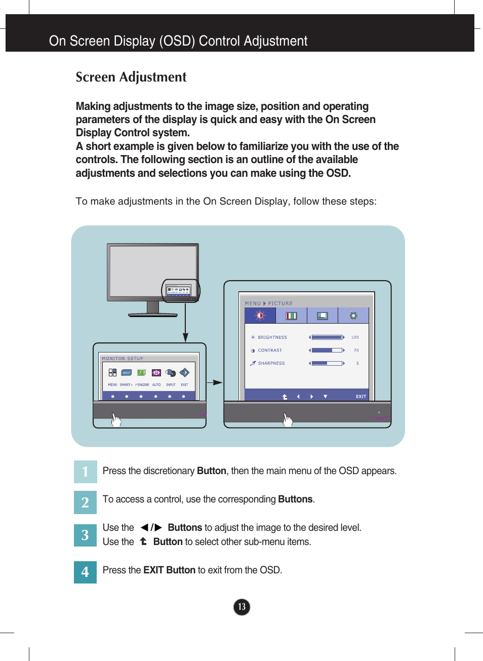 On screen display (osd) control adjustment, Screen adjustment | LG E2050T-SN User Manual | Page 14 / 34