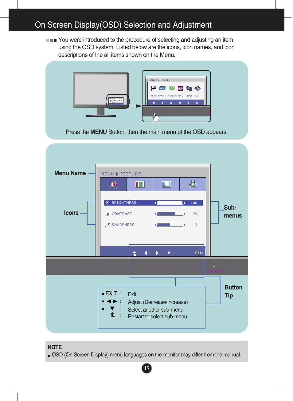 On screen display(osd) selection and adjustment | LG E2050T-SN User Manual | Page 16 / 34