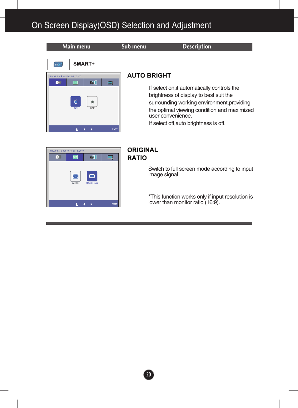 Auto broght, Original ratio, On screen display(osd) selection and adjustment | LG E2050T-SN User Manual | Page 21 / 34