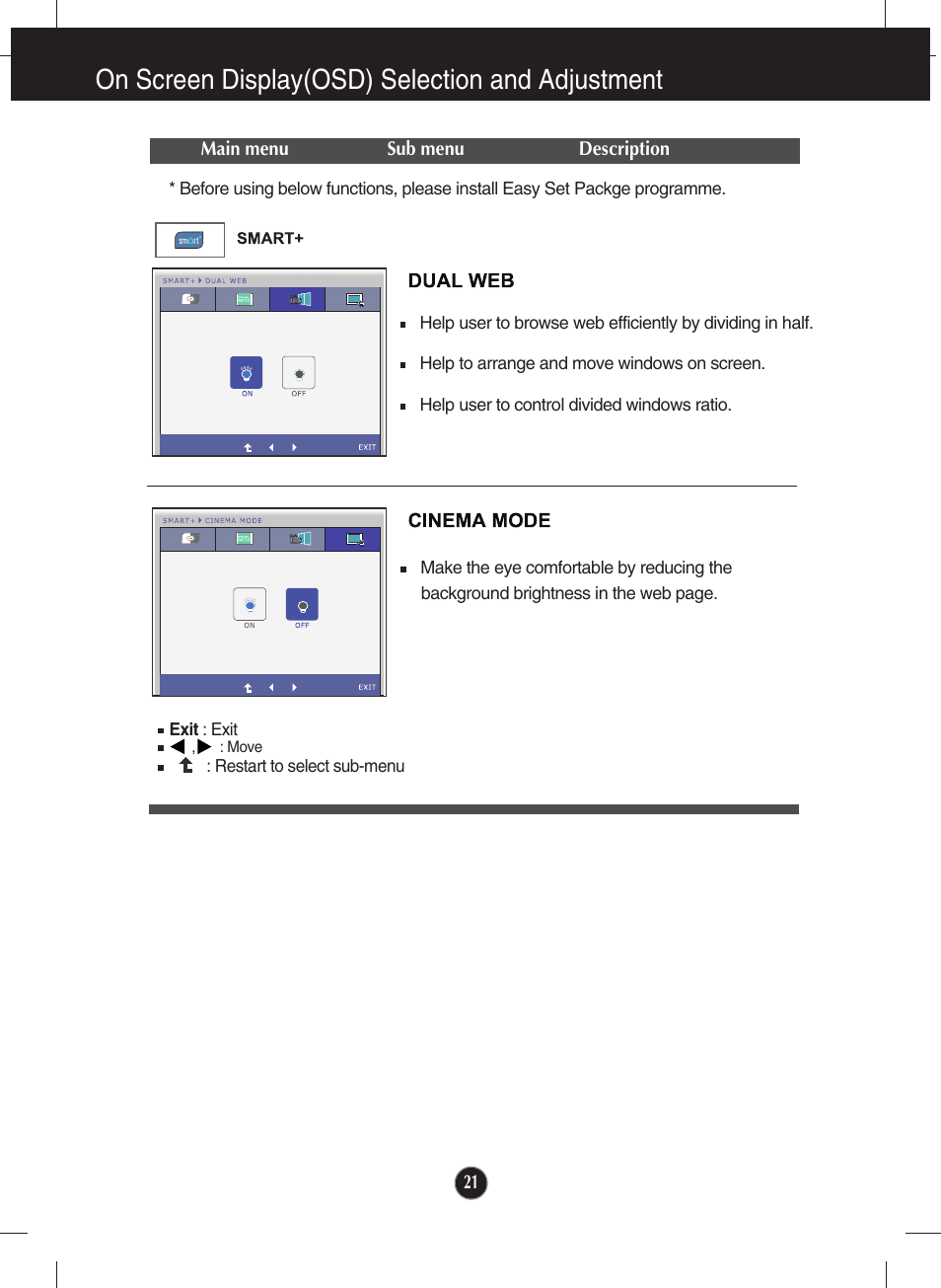 Dual web, Cinema mode, On screen display(osd) selection and adjustment | LG E2050T-SN User Manual | Page 22 / 34