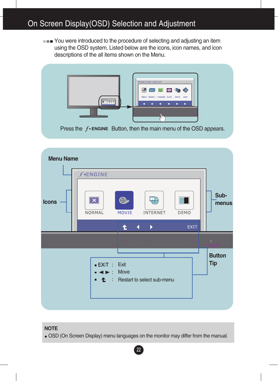 On screen display(osd) selection and adjustment | LG E2050T-SN User Manual | Page 23 / 34