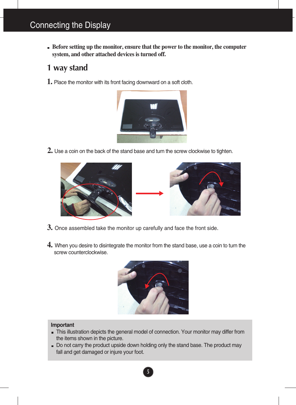 Connecting the display, 1 way stand | LG E2050T-SN User Manual | Page 6 / 34