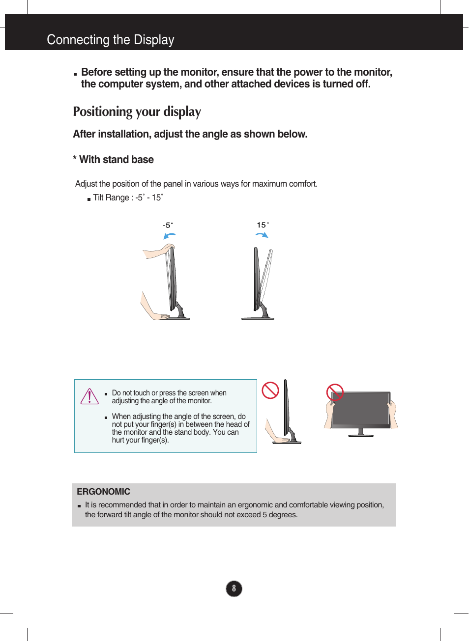 Positioning your display, With stand base, Connecting the display | LG E2050T-SN User Manual | Page 9 / 34