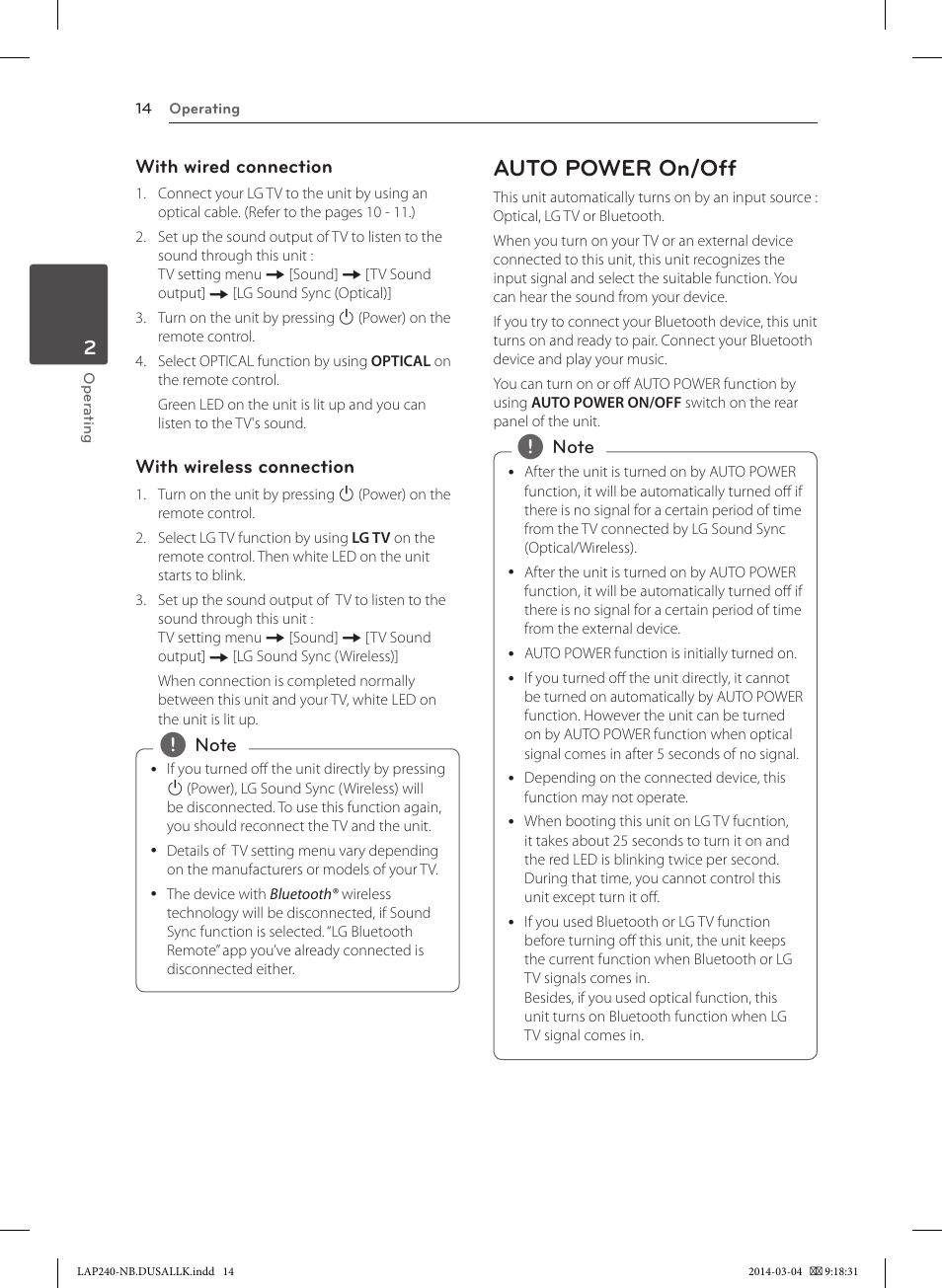 Auto power on/off | LG LAP240 User Manual | Page 14 / 24