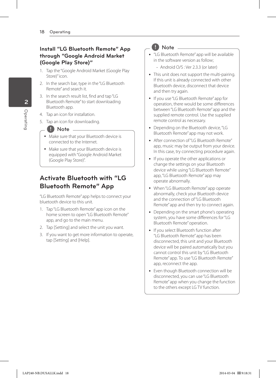 Activate bluetooth with “lg bluetooth remote” app | LG LAP240 User Manual | Page 18 / 24