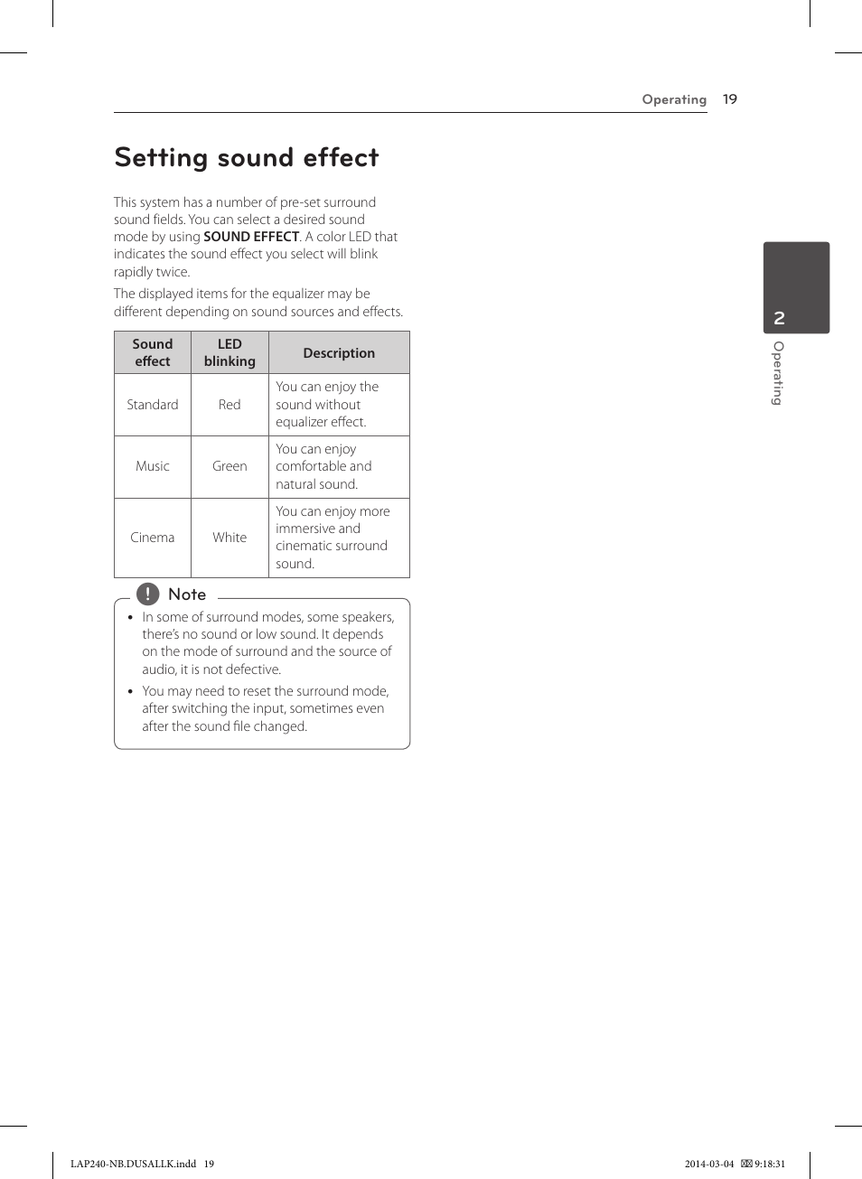 Setting sound effect | LG LAP240 User Manual | Page 19 / 24