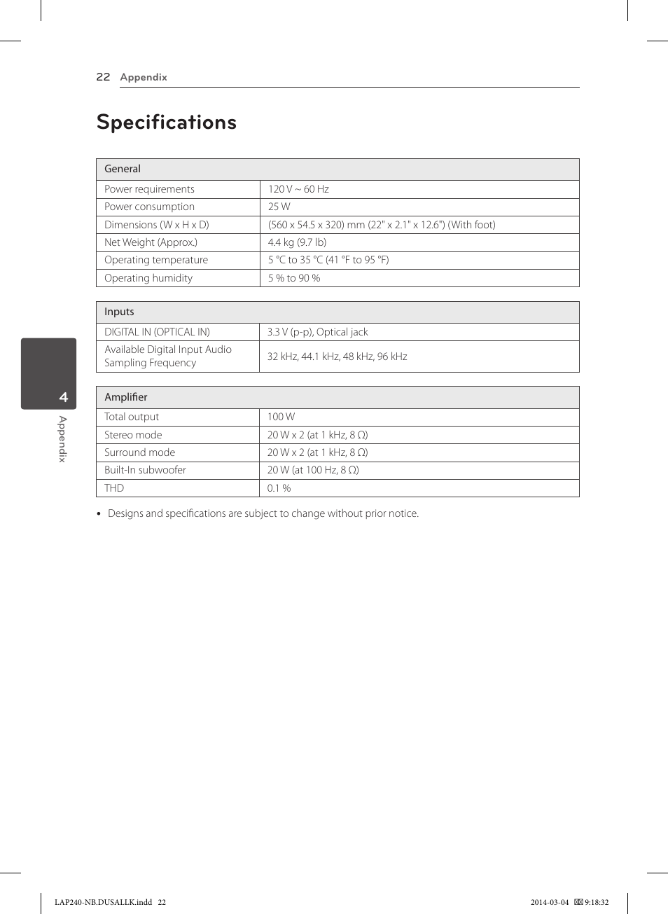 Specifications | LG LAP240 User Manual | Page 22 / 24