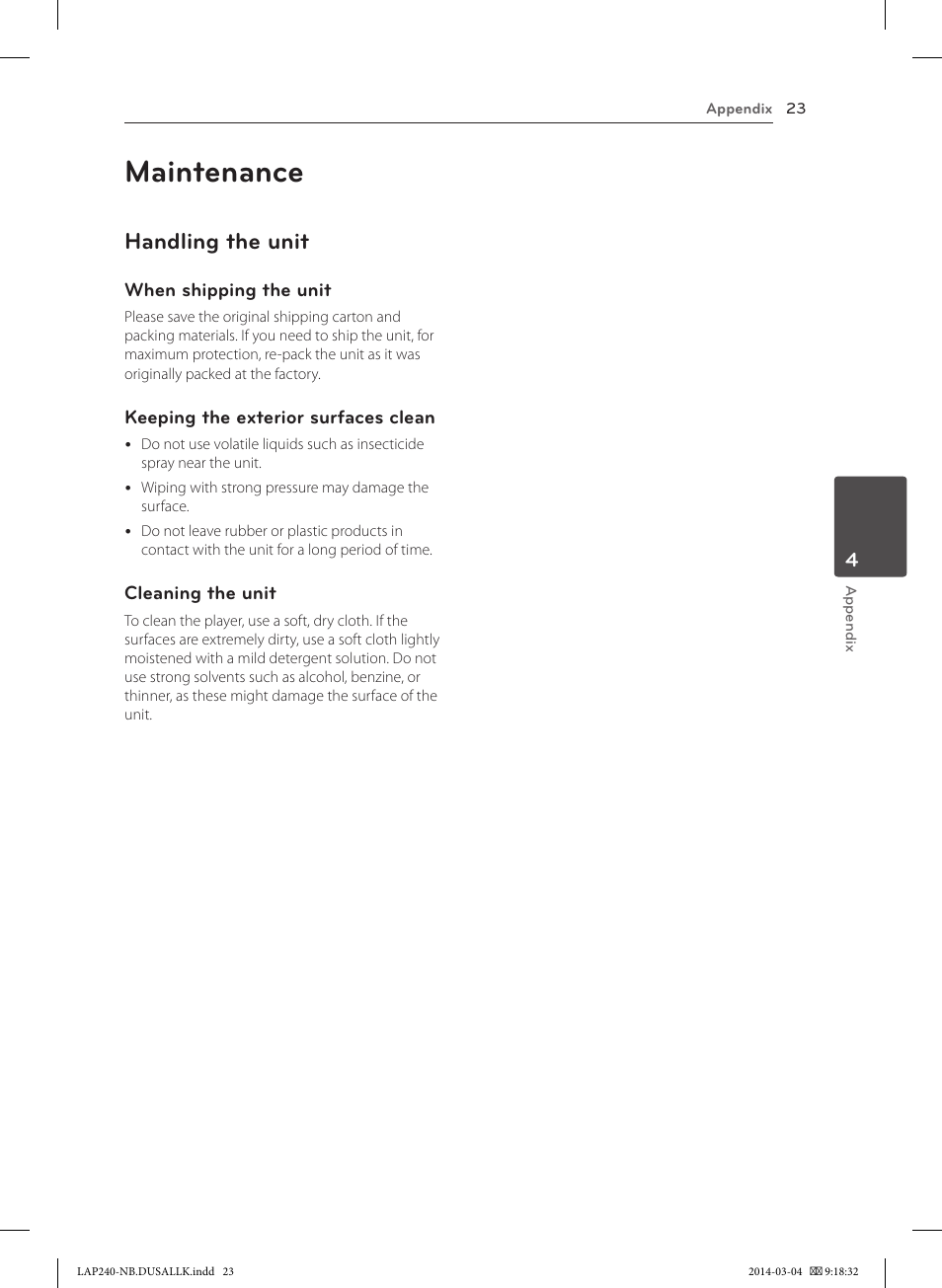Maintenance, Handling the unit | LG LAP240 User Manual | Page 23 / 24