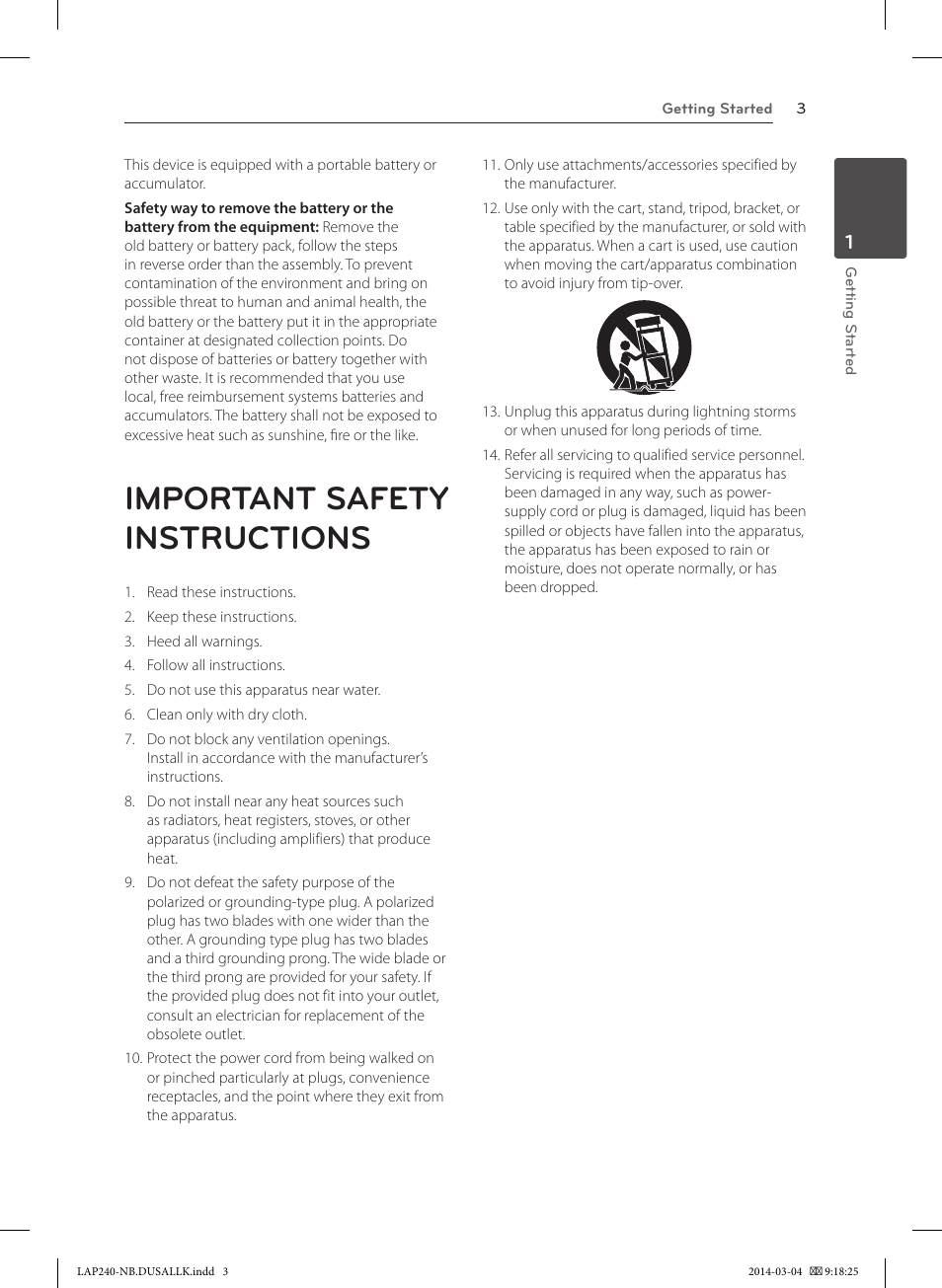 Important safety instructions | LG LAP240 User Manual | Page 3 / 24