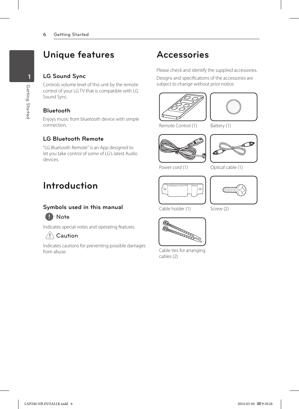 Unique features, Introduction, Accessories | LG LAP240 User Manual | Page 6 / 24