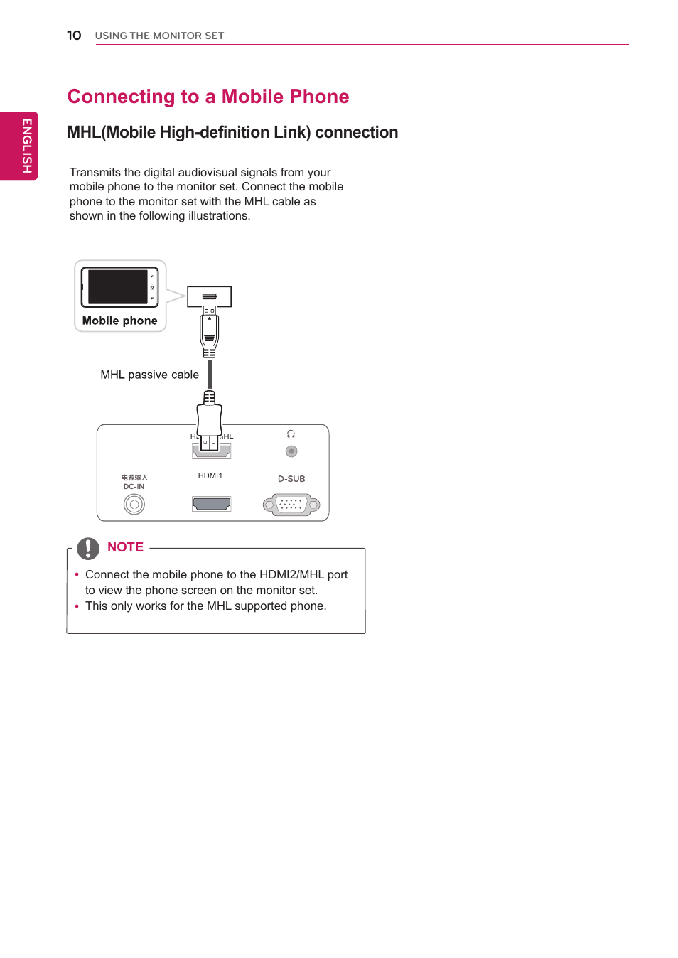 Connecting to a mobile phone, Mhl(mobile high-definition link) connection, 10 connecting to a mobile phone 10 | Mhl(mobile high-definition link) connec, Tion | LG IPS237L-BN User Manual | Page 10 / 28