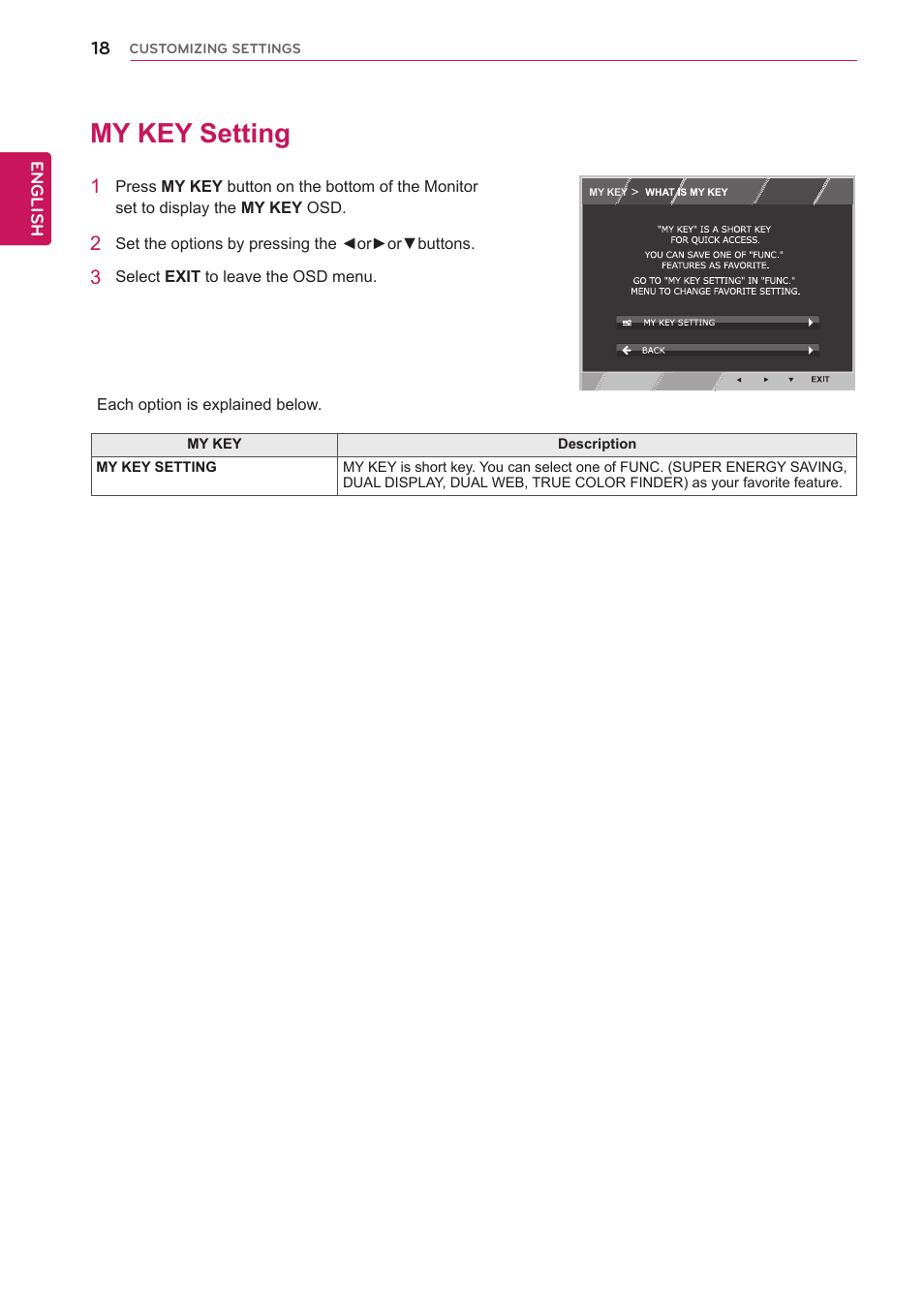 My key setting, 18 my key setting, Information.(see p.18) | LG IPS237L-BN User Manual | Page 18 / 28