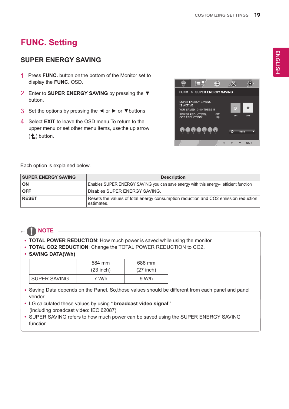 Func. setting, Super energy saving, 19 func. setting 19 | See p.19 | LG IPS237L-BN User Manual | Page 19 / 28