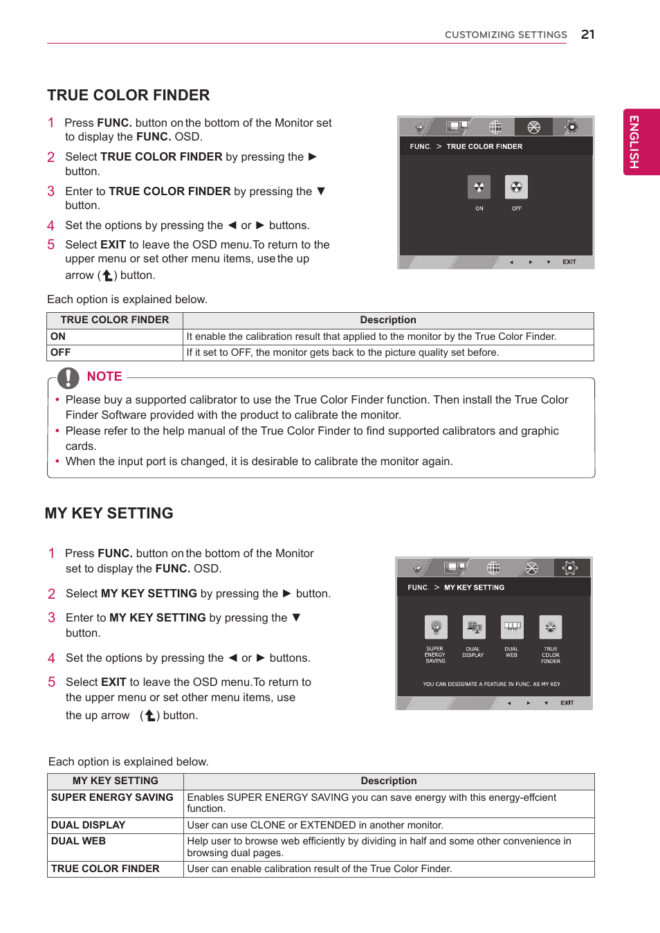 True color finder, My key setting | LG IPS237L-BN User Manual | Page 21 / 28