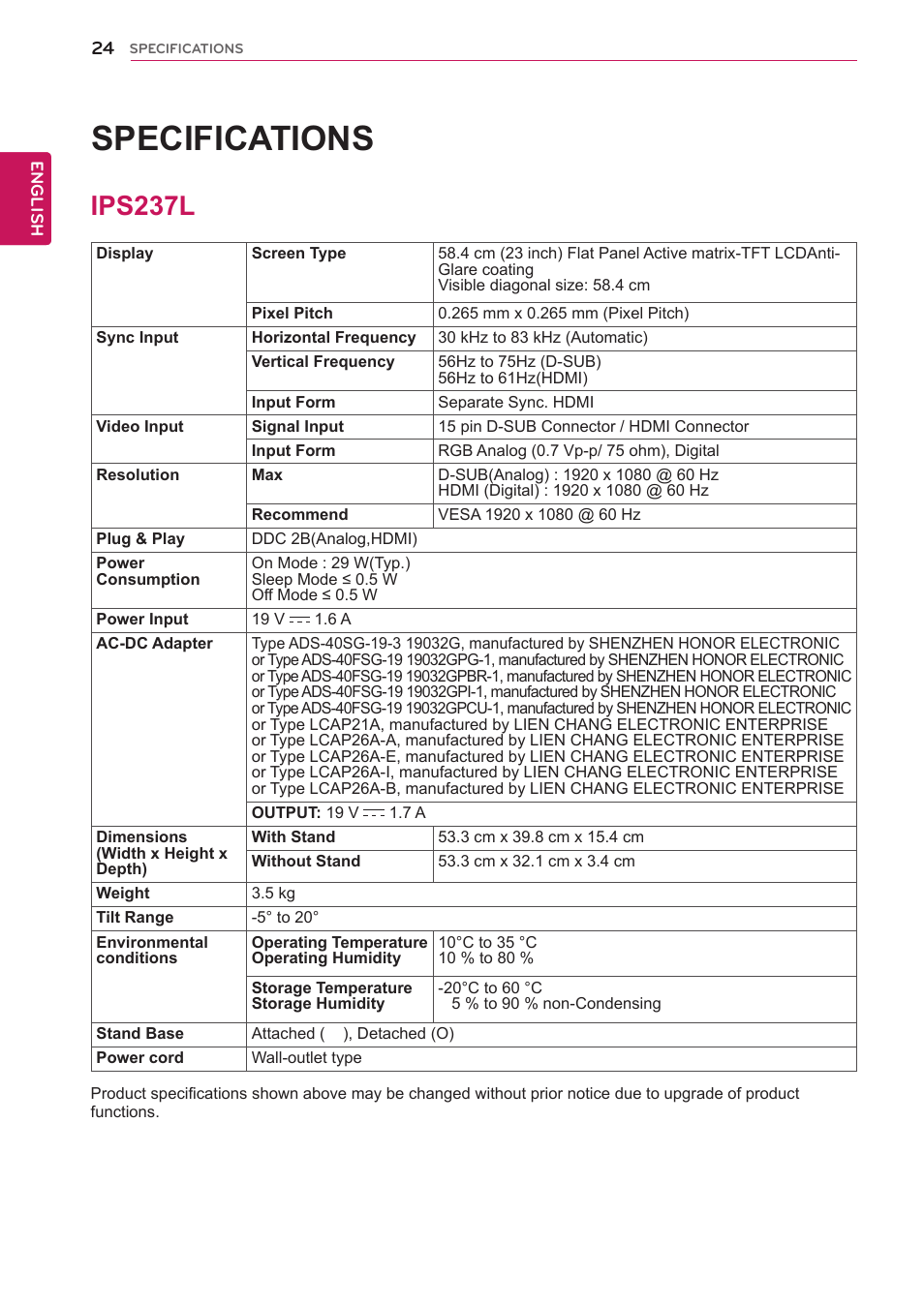 Specifications, Ips237l, 24 ips237l | LG IPS237L-BN User Manual | Page 24 / 28