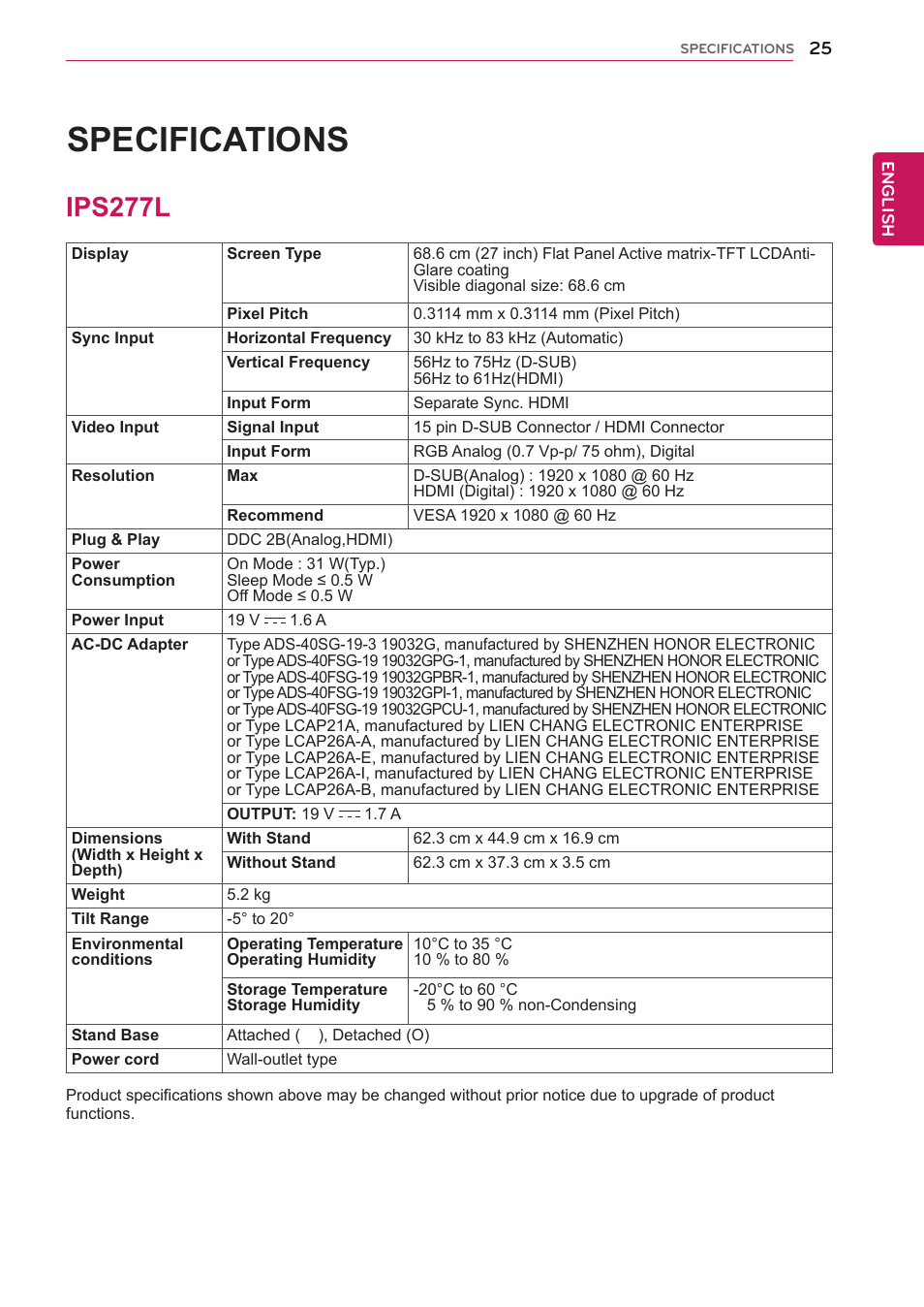 Ips277l, 25 ips277l, Specifications | LG IPS237L-BN User Manual | Page 25 / 28