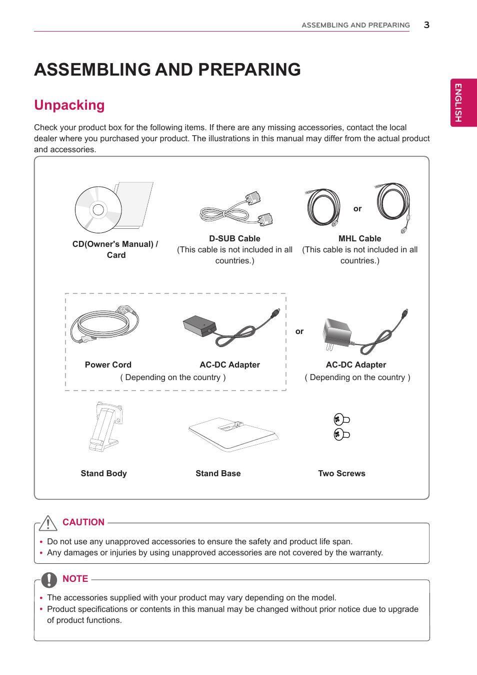 Assembling and preparing, Unpacking, Assembling and prepar | LG IPS237L-BN User Manual | Page 3 / 28