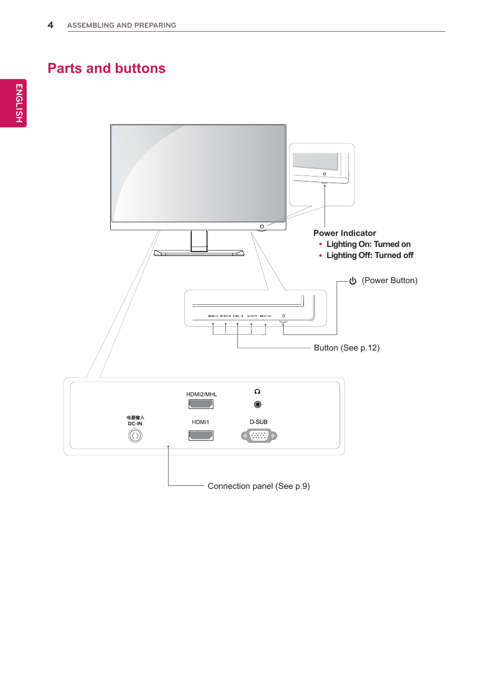 Parts and buttons | LG IPS237L-BN User Manual | Page 4 / 28