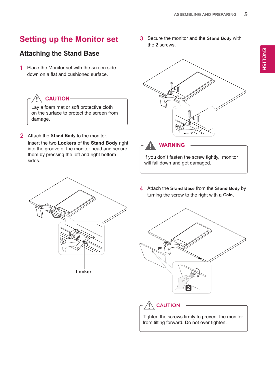 Setting up the monitor set, Attaching the stand base | LG IPS237L-BN User Manual | Page 5 / 28