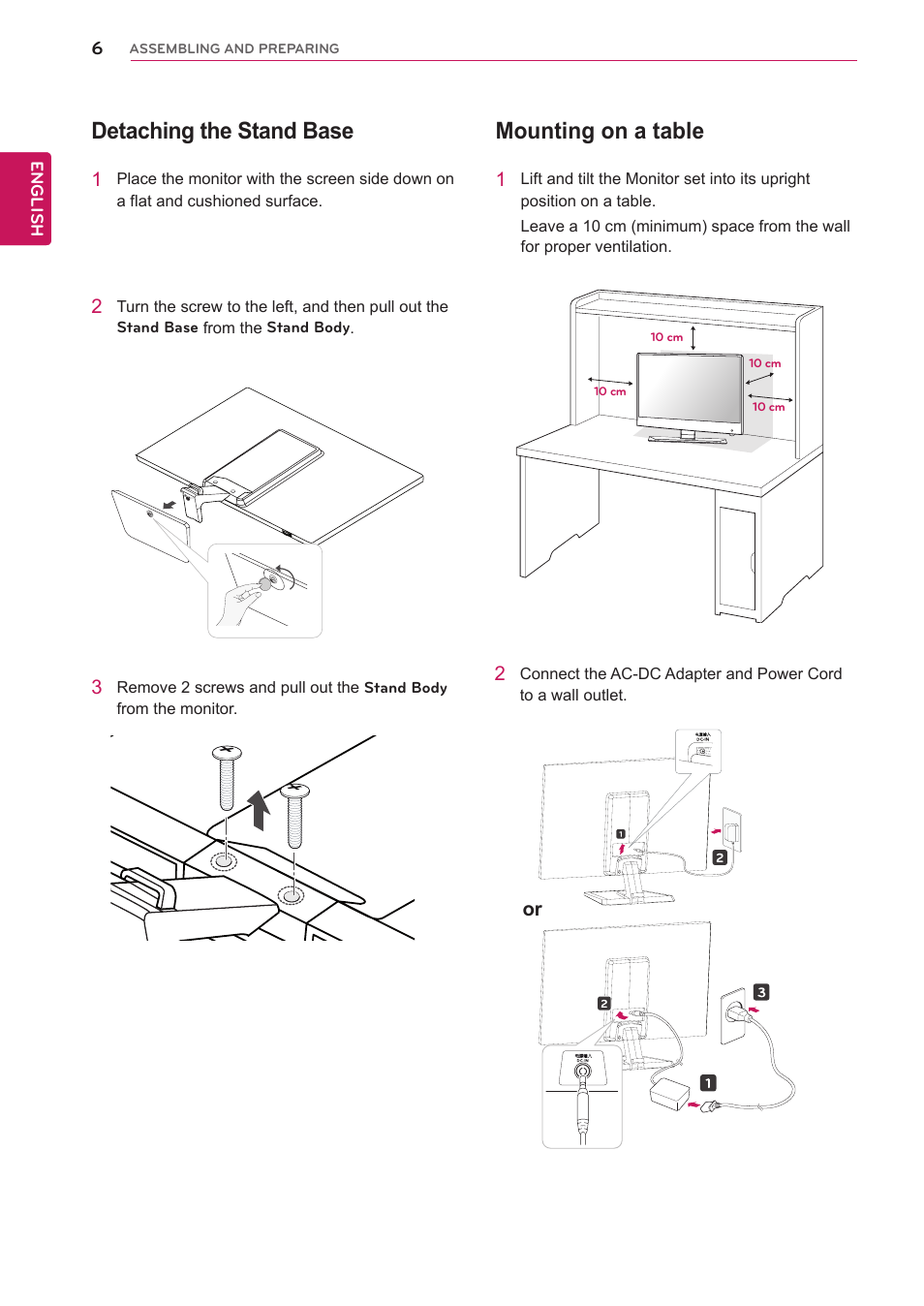 Detaching the stand base, Mounting on a table | LG IPS237L-BN User Manual | Page 6 / 28