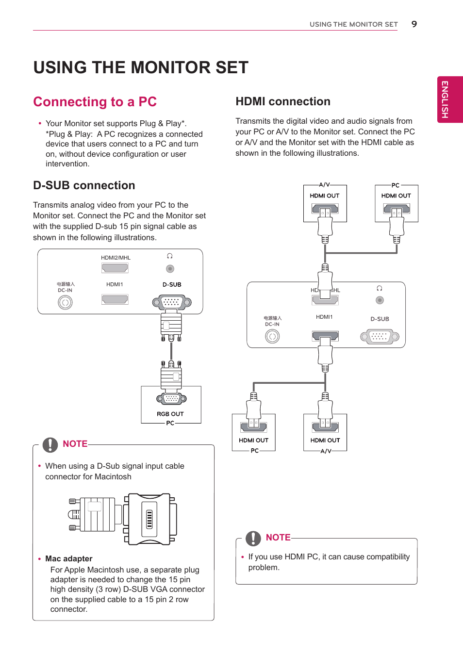 Using the monitor set, Connecting to a pc, D-sub connection | Hdmi connection | LG IPS237L-BN User Manual | Page 9 / 28