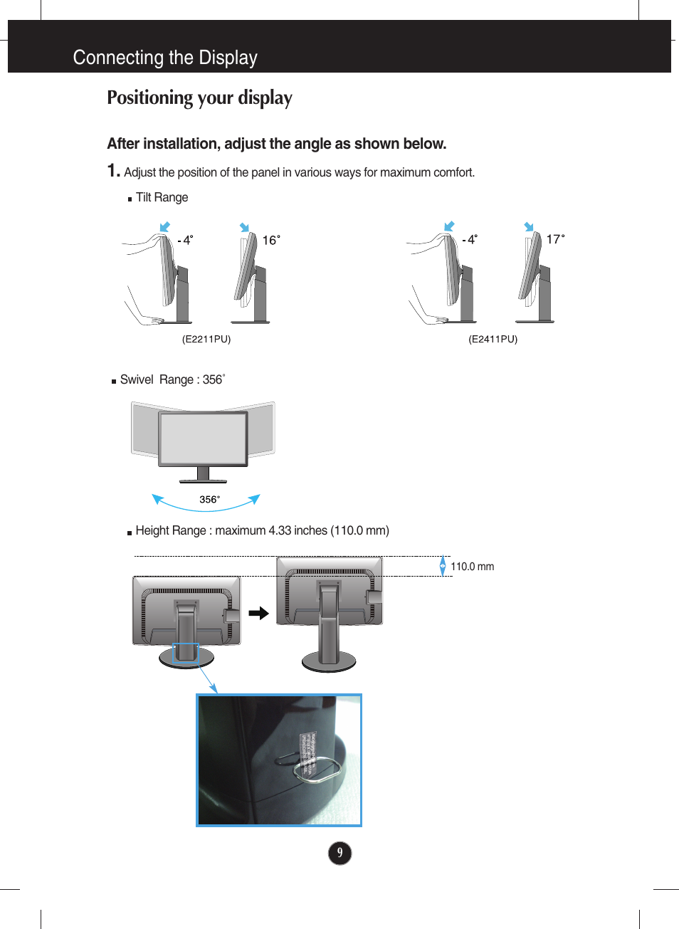 Positioning your display, Connecting the display | LG E2411PU-BN User Manual | Page 10 / 34
