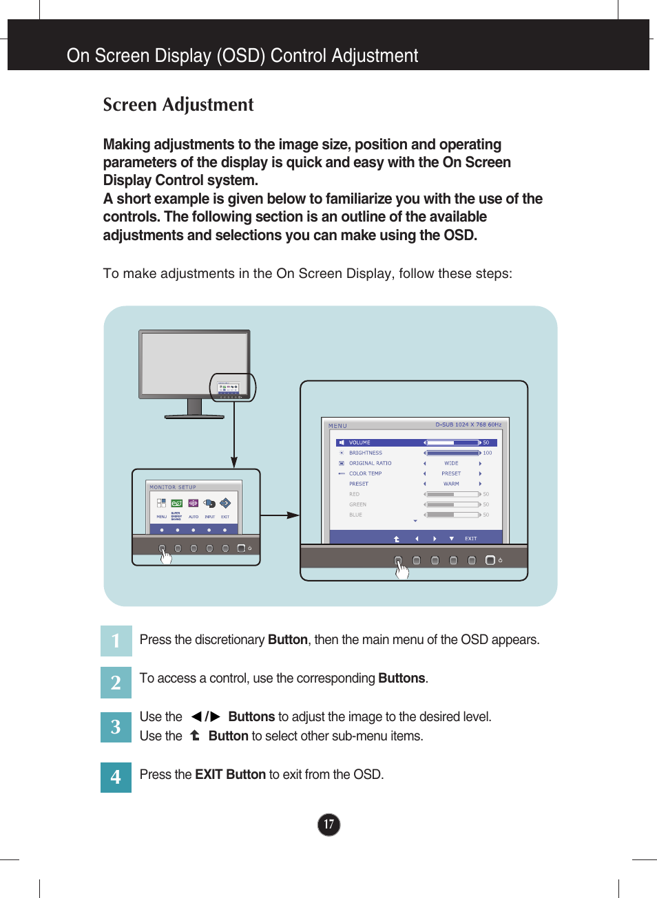 On screen display (osd) control adjustment, Screen adjustment | LG E2411PU-BN User Manual | Page 18 / 34