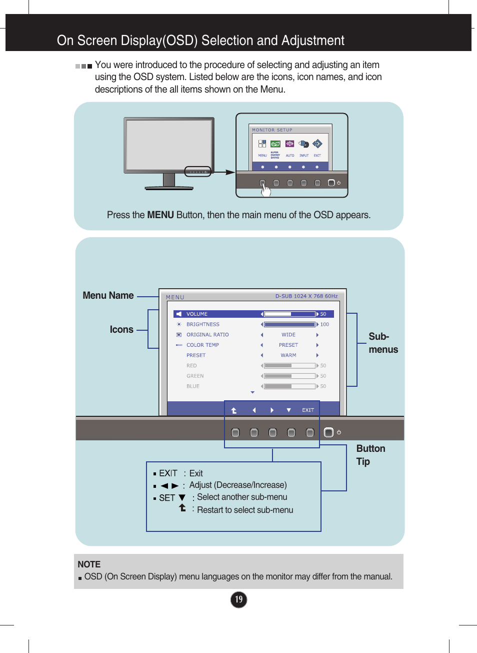 On screen display(osd) selection and adjustment | LG E2411PU-BN User Manual | Page 20 / 34