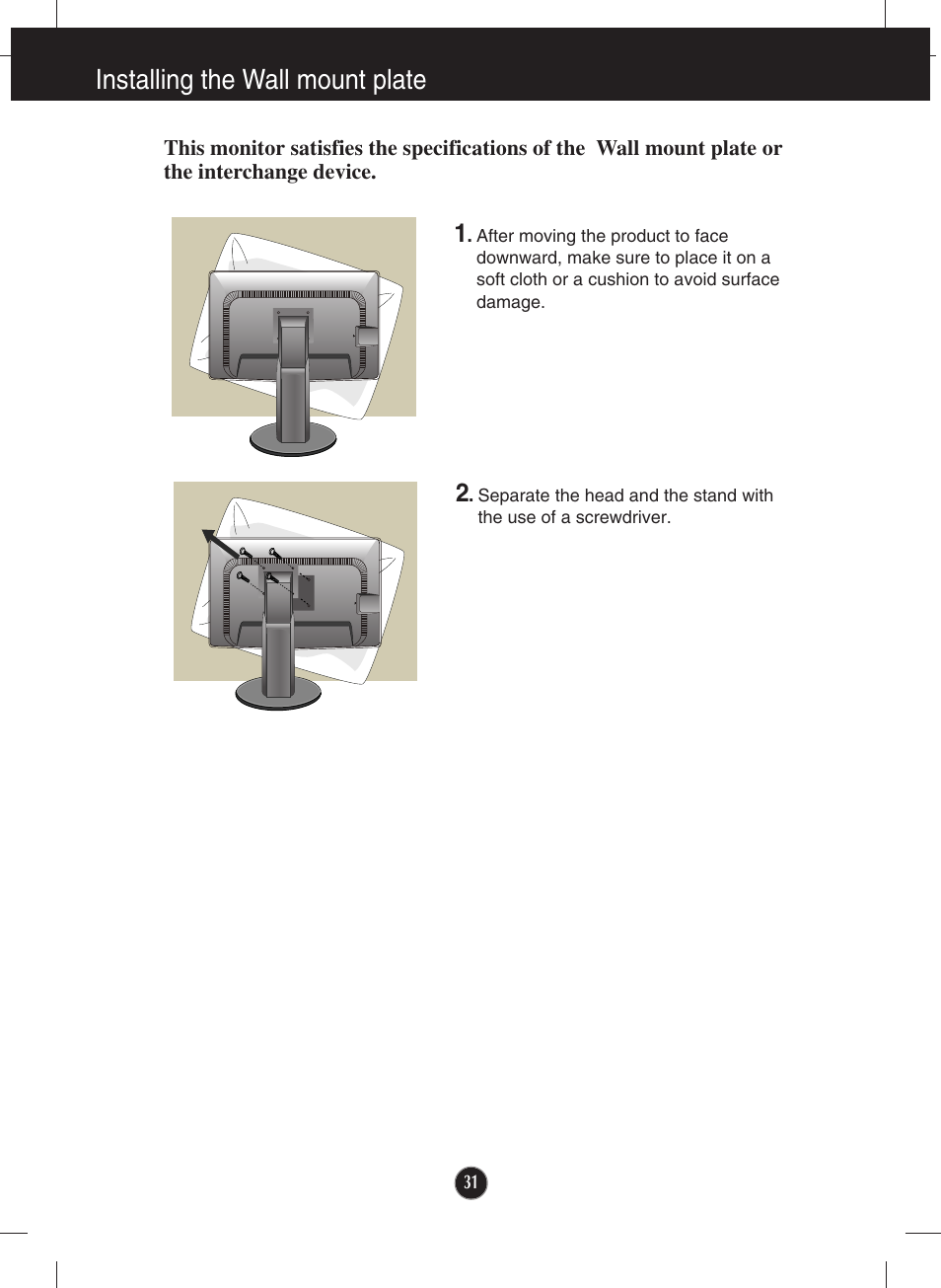 Installing the wall mount plate | LG E2411PU-BN User Manual | Page 32 / 34