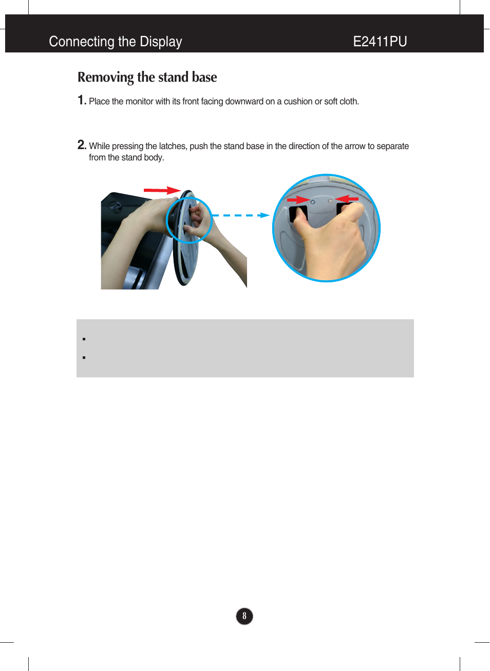 Connecting the display e2411pu, Removing the stand base | LG E2411PU-BN User Manual | Page 9 / 34